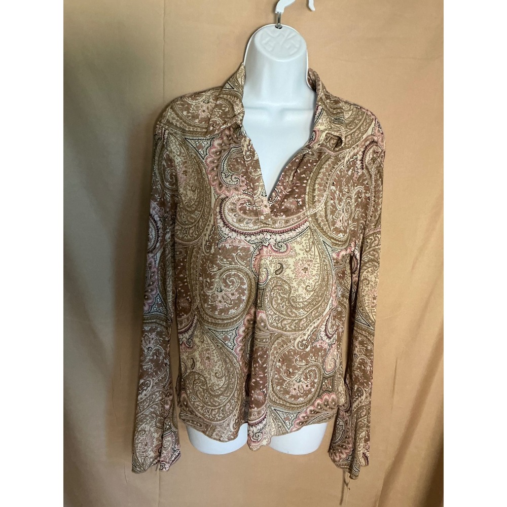 Hillard & Hanson Blouse Women XL Brown Pink Excellent Paisley V-Neck Top